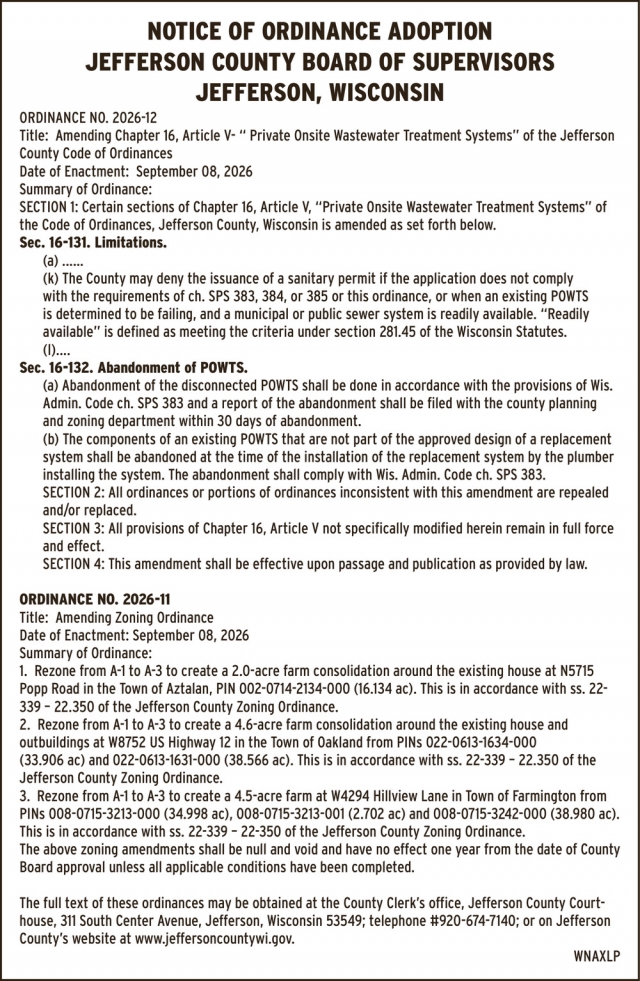 Notice, Jefferson County, Jefferson, WI