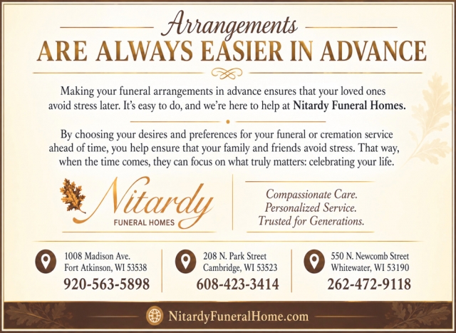 Funeral Services, Nitardy Funeral Home, Cambridge, WI
