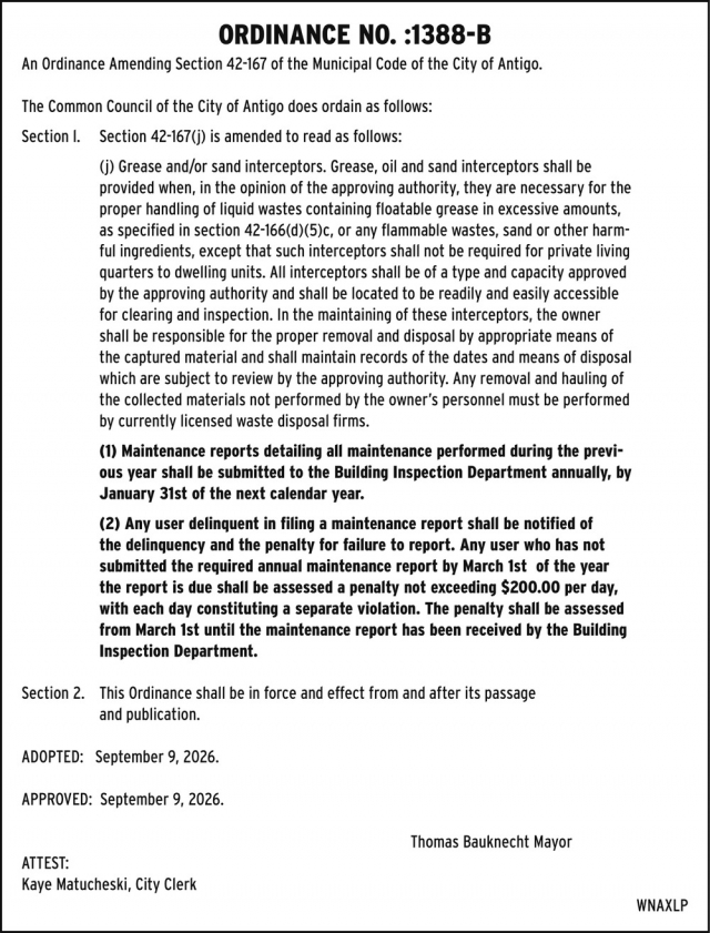 Ordinance No. :1388-B, City of Antigo, Antigo, WI