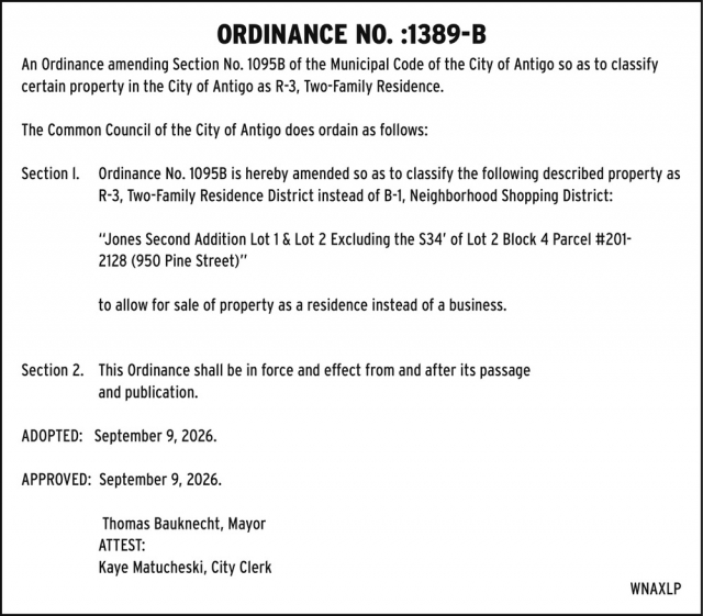 Ordinance No. :1389-B, City of Antigo, Antigo, WI