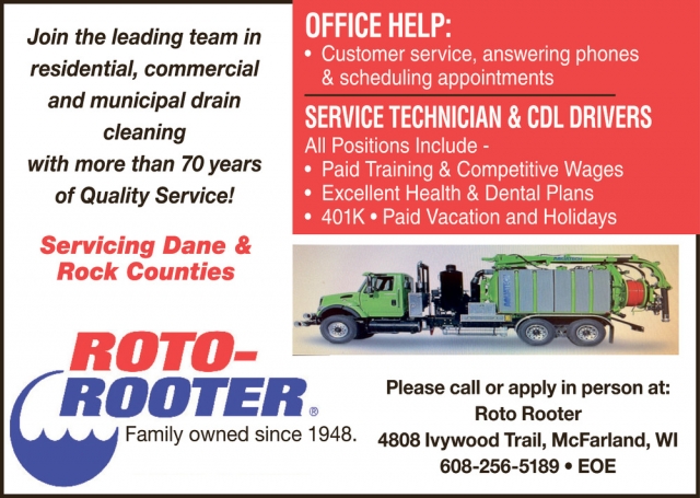 Service Technician & CDL Drivers, Roto-Rooter - Mcfarland