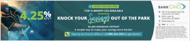 Knock Your Savings out Of the Park, Bank CMG, Lake Mills, WI