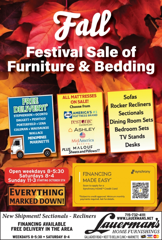 Fall Festival Sale of Furniture & Bedding, Lauerman's Home Furnishing, Marinette, WI