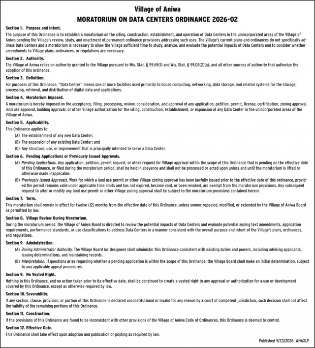 Moratorium On Data Centers Ordinance 2026-02, Village of Aniwa, Aniwa, WI