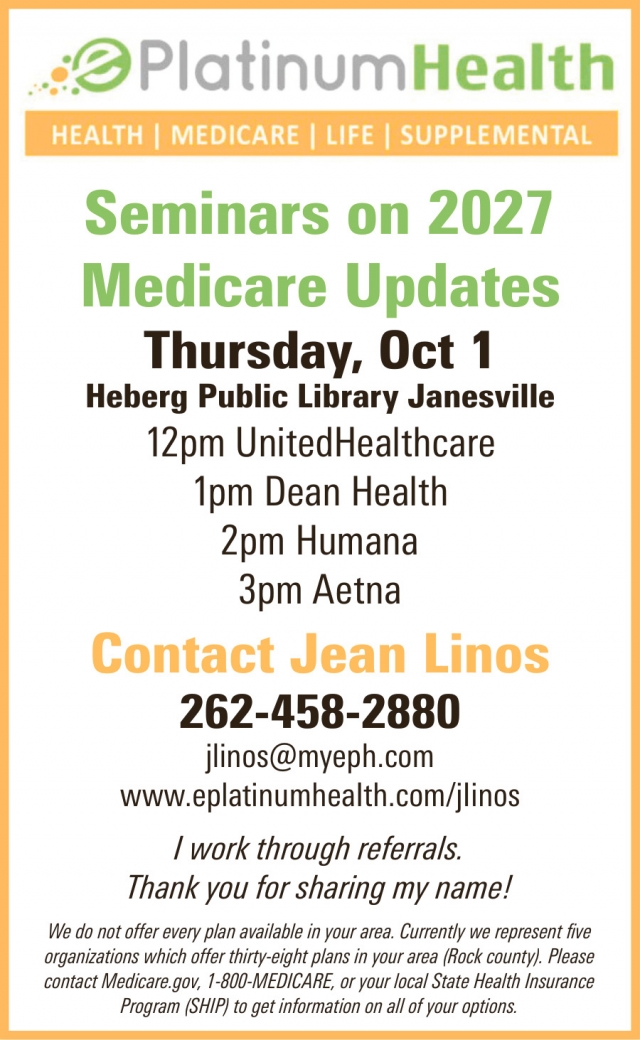 Seminars on 2027 Medicare Updates, Jean Linos - PlatinumHealth, Whitewater, WI