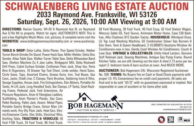Schwalenberg Living Estate Auction, Bob Hagemann Auction & Realty Service, Burlington, WI