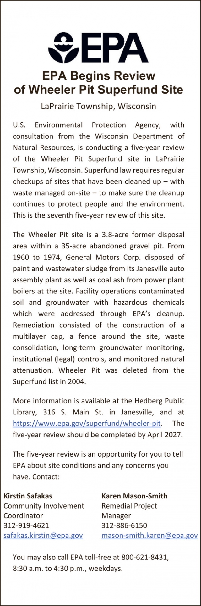 EPA Begins Review of Wheeler Pit Superfund Site, EPA - United States Environmental Protection Agency