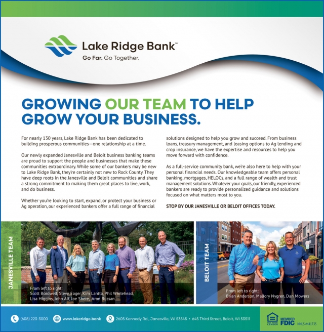 Growing Our Team To Help Grow Your Business., Lake Ridge Bank, Madison, WI