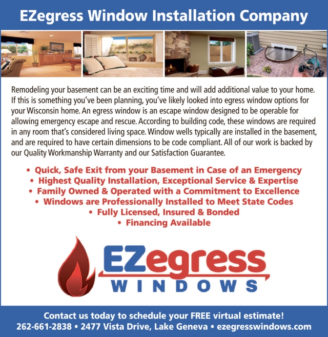 Window Installation Company, EZegress Windows, Lake Geneva, WI