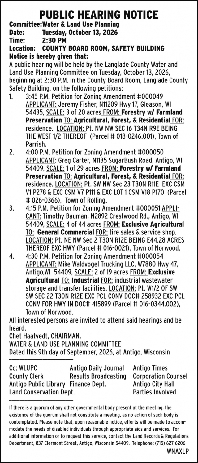 Public Hearing Notice, Langlade County