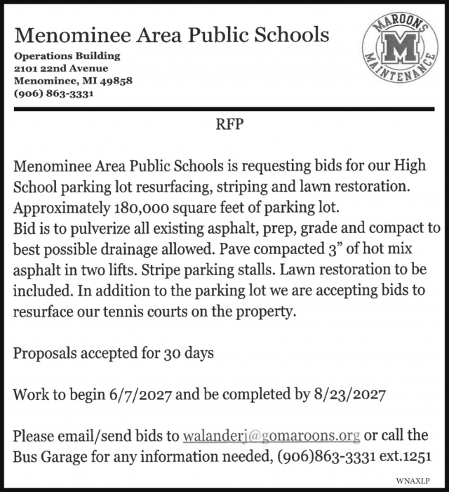 Advertisement for Bids, Menominee Area Public Schools, Menominee, MI