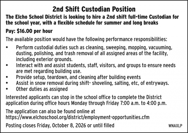 Custodian, Elcho School District, Elcho, WI