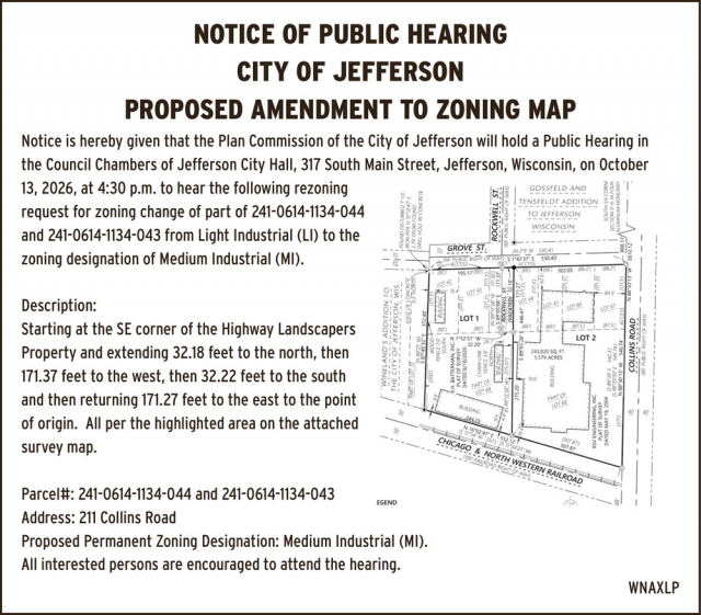 Notice Of Public Hearing, City Of Jefferson, Jefferson, WI