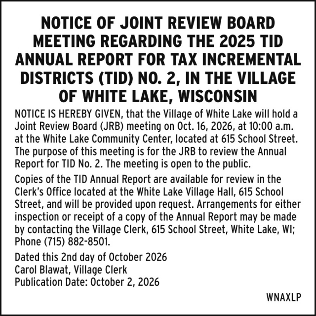 Notice, Village of White Lake, White Lake, WI