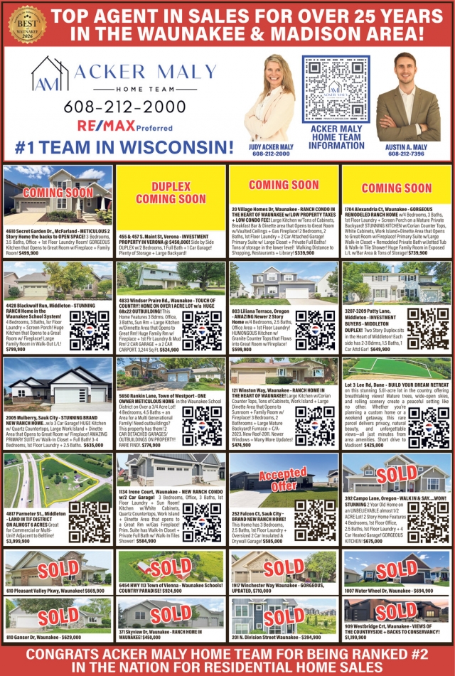 Top Agent In Sales For Over 25 Years In The Waunakee & Madison Area!, Re/Max - Judy Acker Maly, Waunakee, WI