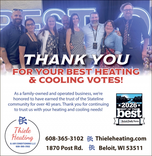Thank You For Your Best Heating & Cooling Votes!, Thiele Heating & Air Conditioning, Beloit, WI