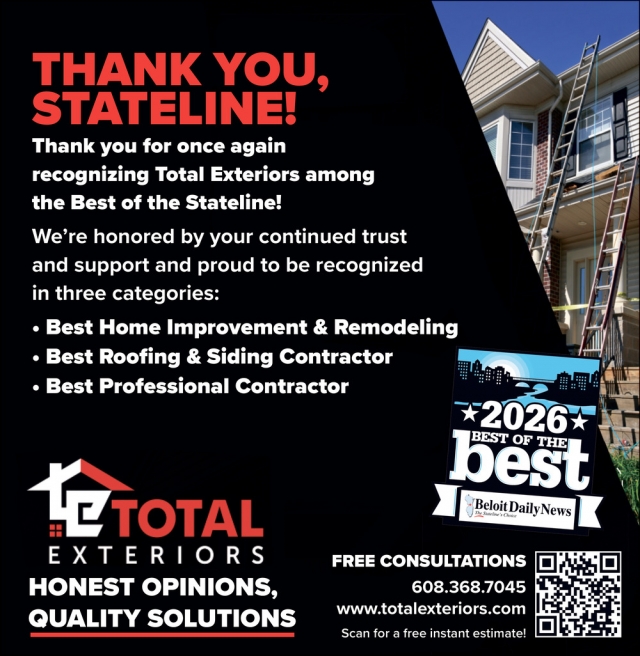 Thank You, Stateline!, Total Exteriors, Beloit, WI