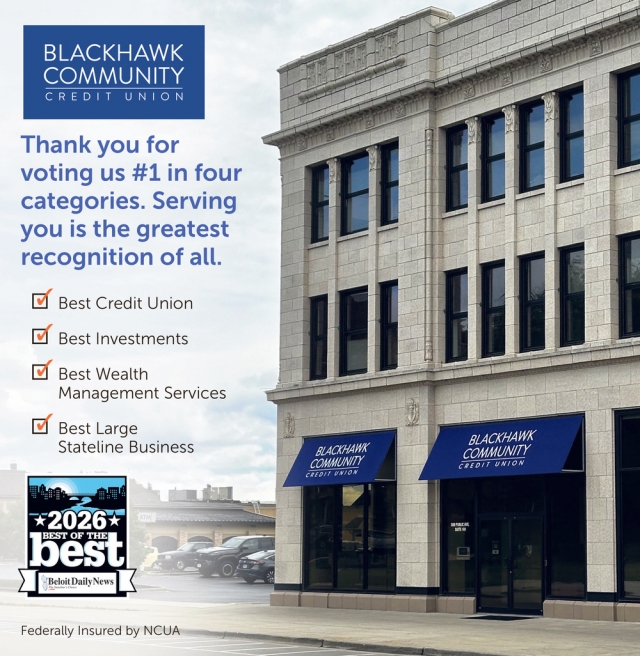 Thank you for voting us #1, Blackhawk Community Credit Union, Stoughton, WI