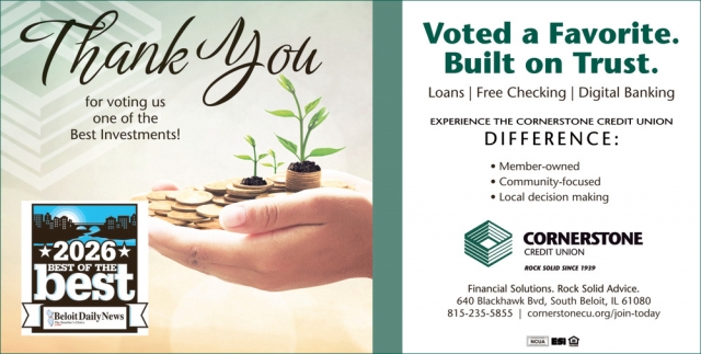 Thank You For Voting Us, Cornerstone Credit Union, Freeport, IL