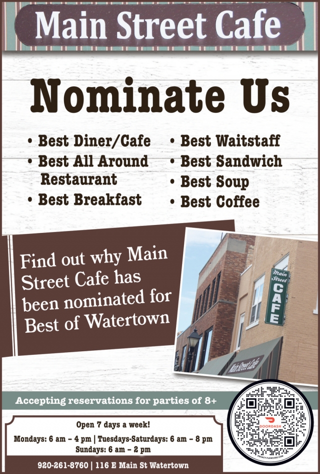 Nominate Us, Main Street Cafe, Watertown, WI