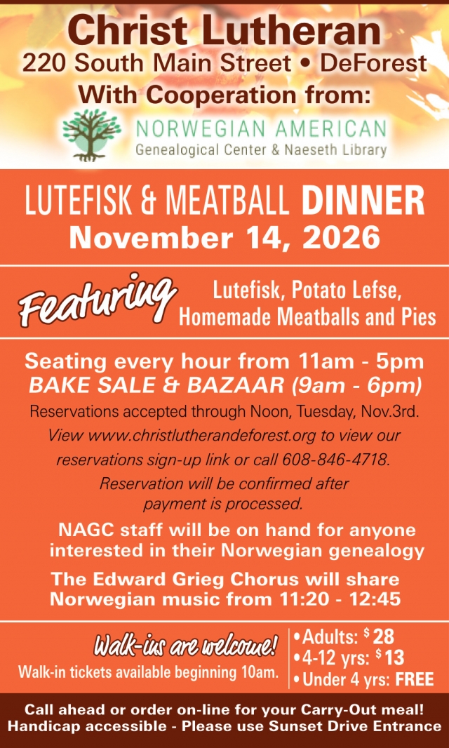 Lutefisk & Meatball Dinner, Christ Lutheran Church - DeForest, Deforest, WI