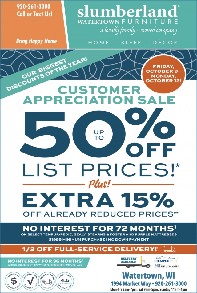 Customer Appreciation Sale, Slumberland Furniture - Watertown, Watertown, WI