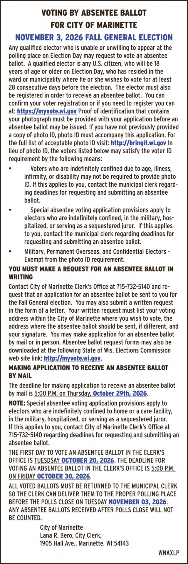 Voting By Absentee Ballot, City of Marinette, Marinette, WI