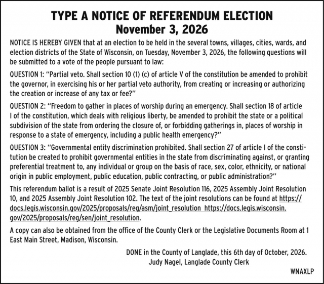 Type A Notice Of Referendum Election, Langlade County Clerk