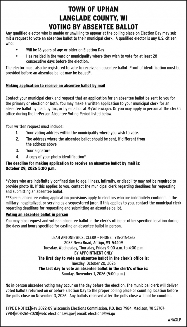 Voting By Absentee Ballot, Town of Upham, Summit Lake, WI