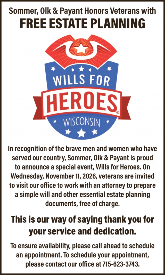 Free Estate Planning, Sommer, Olk & Payant, LLP, Antigo, WI
