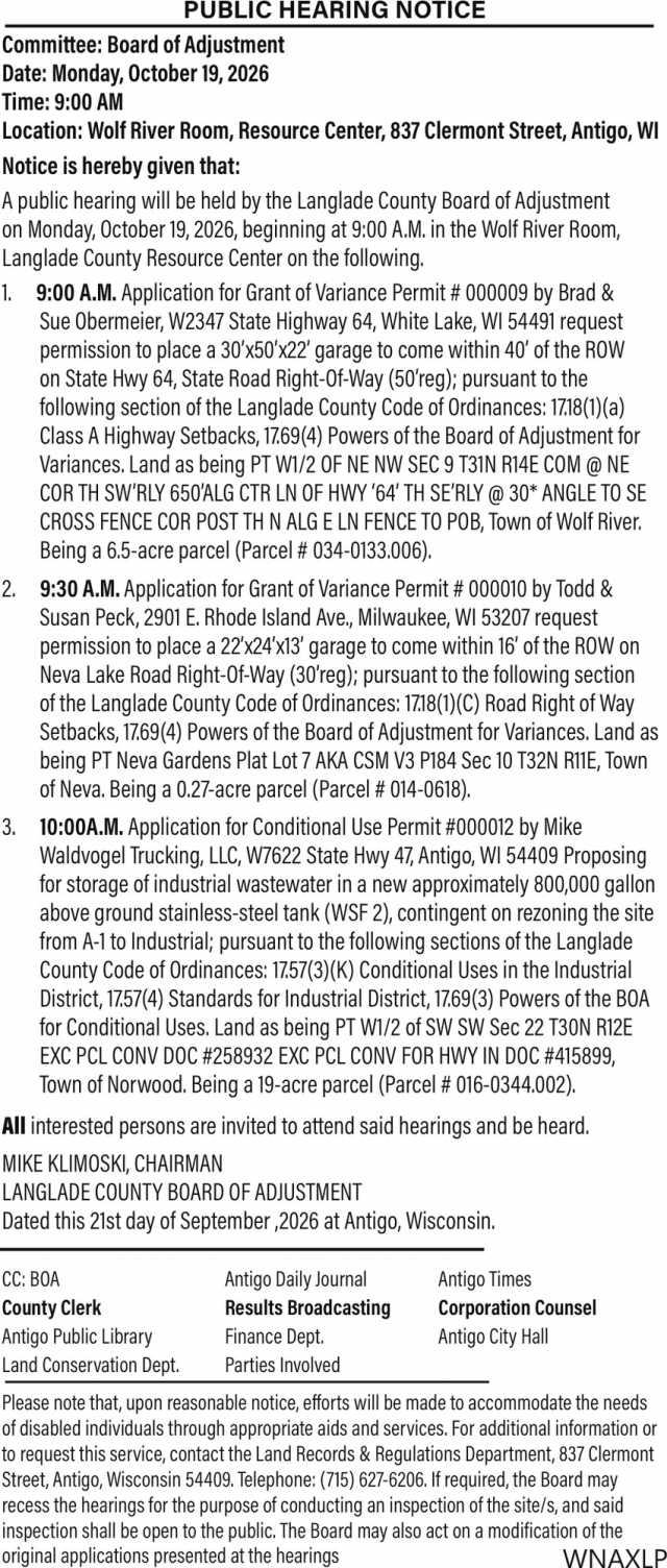 Public Hearing Notice, Langlade County Board of Adjustment Meeting (August 18, 2025), Antigo, WI