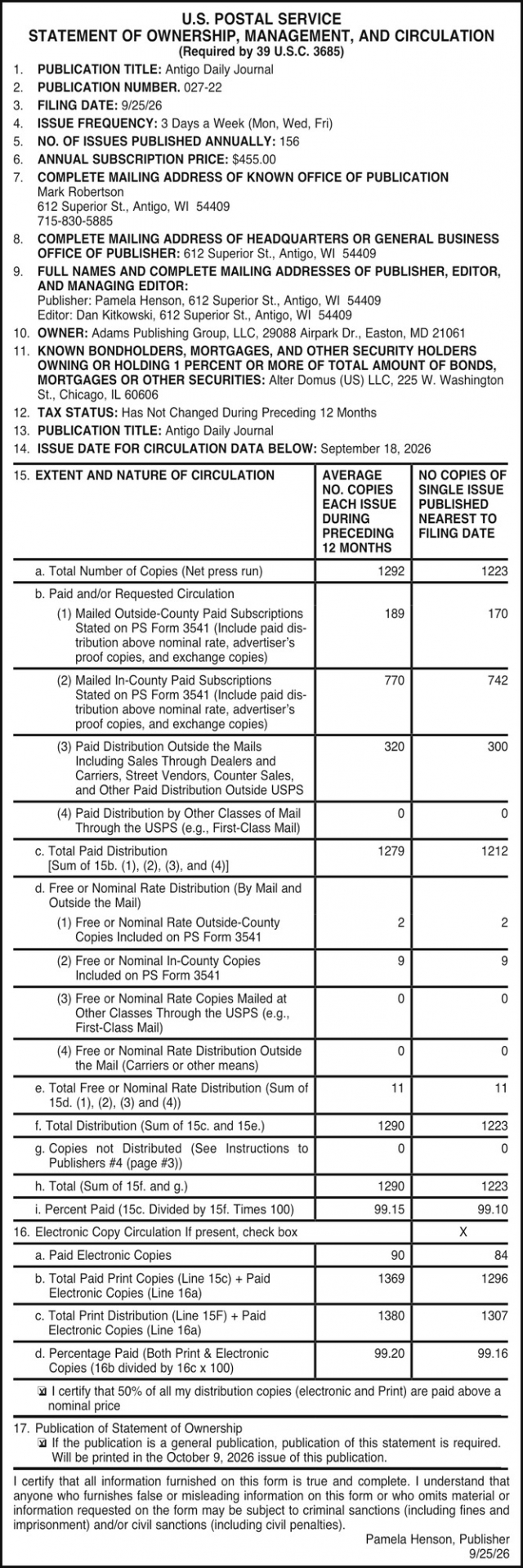 Statement of Ownership, Management, and Circulation, U.S. Postal Service