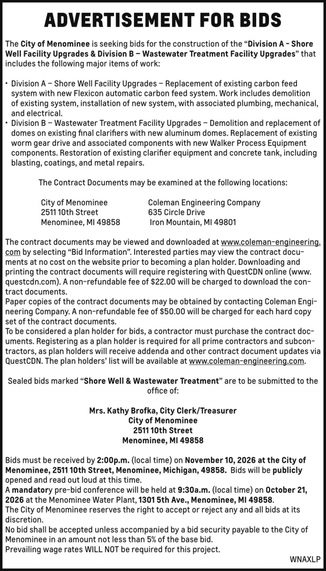 Advertisement For Bids, City of Menominee, Menominee, MI