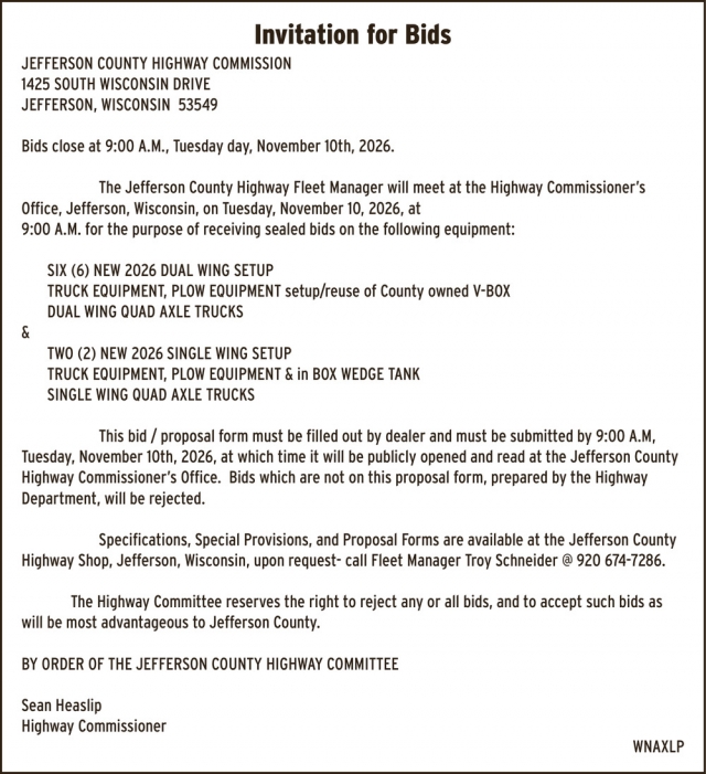 Invitation for Bids, Jefferson County Highway Department, Jefferson, WI