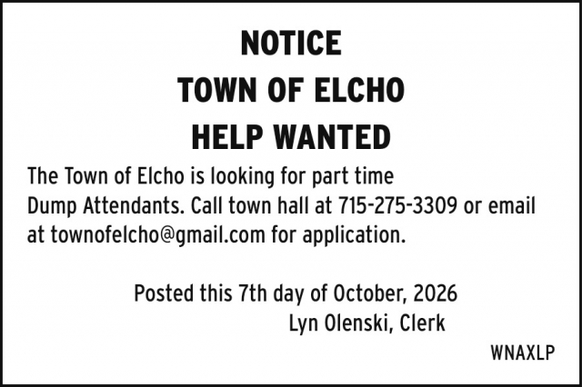 Part Time Dump Attendant, Town Of Elcho, Elcho, WI