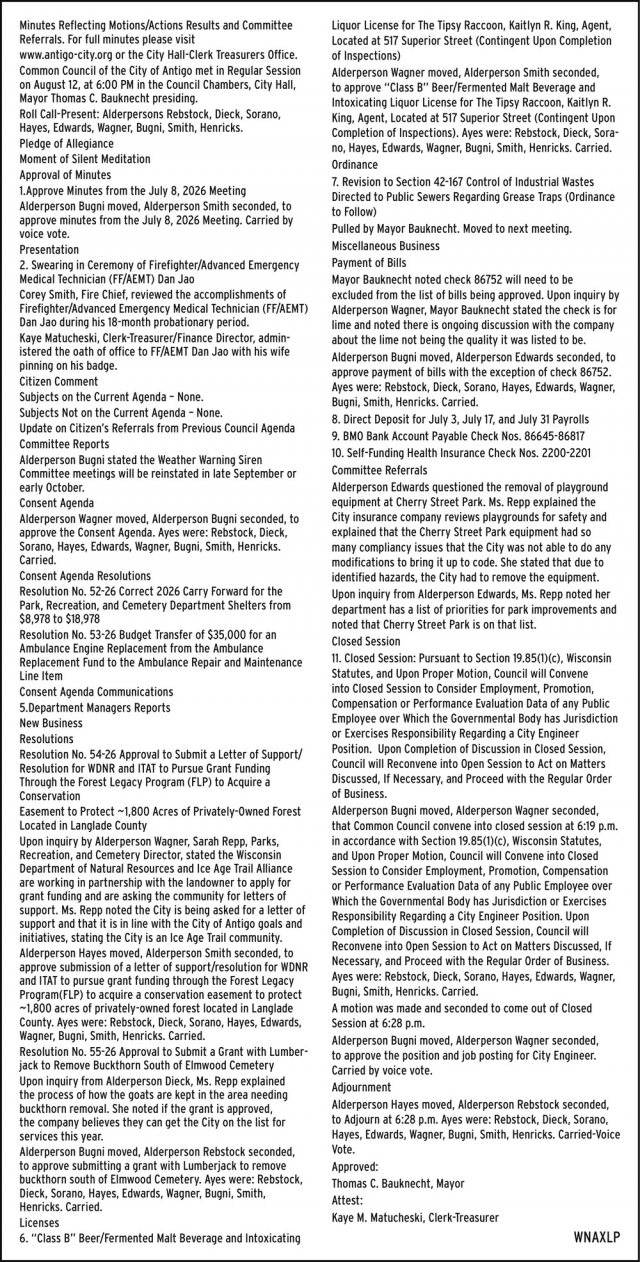 Minutes of Meeting, City of Antigo, Antigo, WI