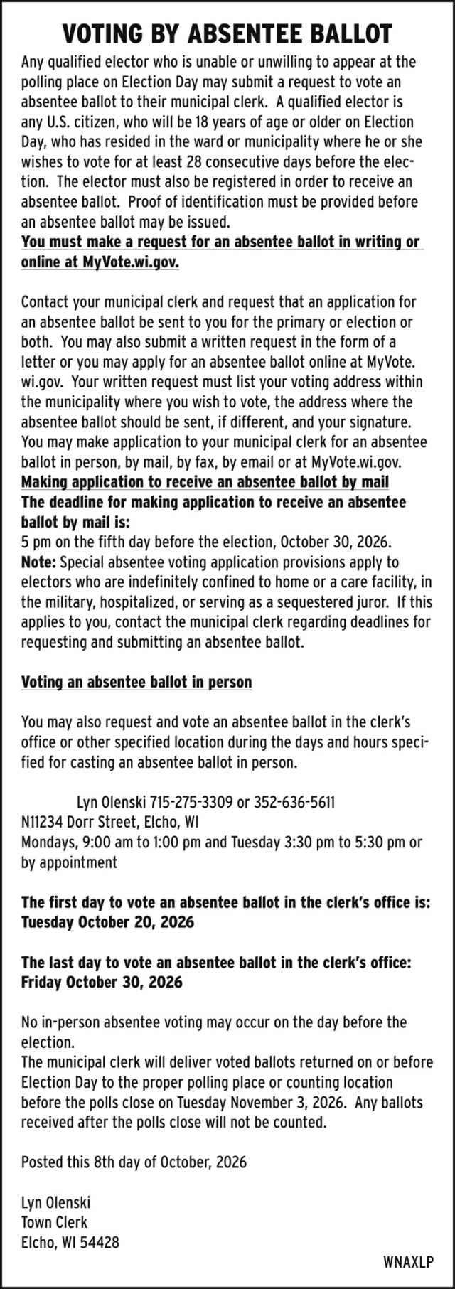 Voting By Absentee Ballot, Town Of Elcho, Elcho, WI