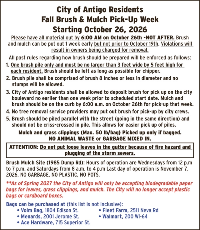 Fall Brush & Mulch Pick-Up Week, City of Antigo, Antigo, WI
