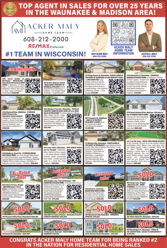 Top Agent In Sales For Over 25 Years In The Waunakee & Madison Area!, Re/Max - Judy Acker Maly, Waunakee, WI