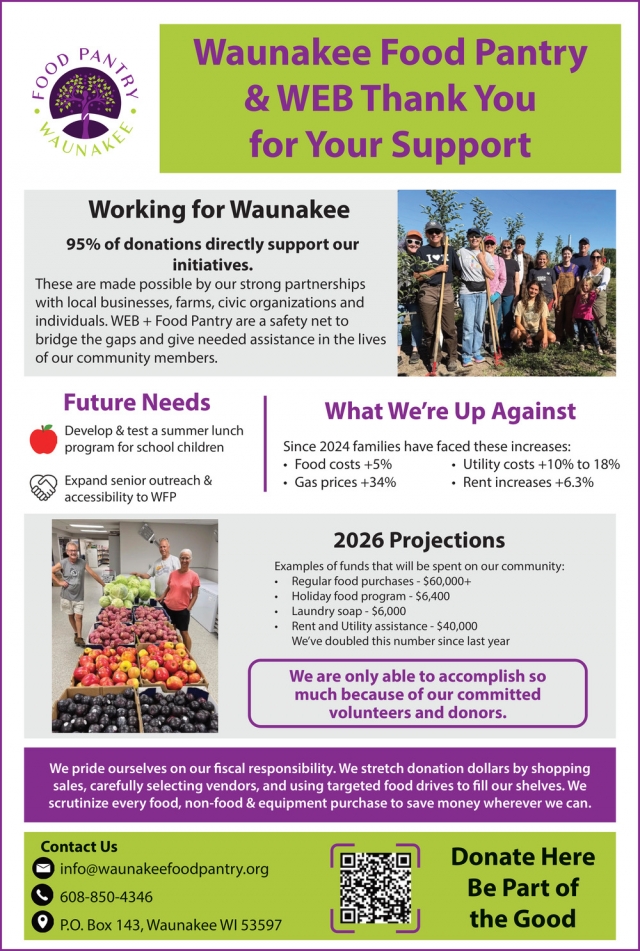 Thank You for Your Support, Food Pantry – Waunakee Ecumenical Board, Waunakee, WI