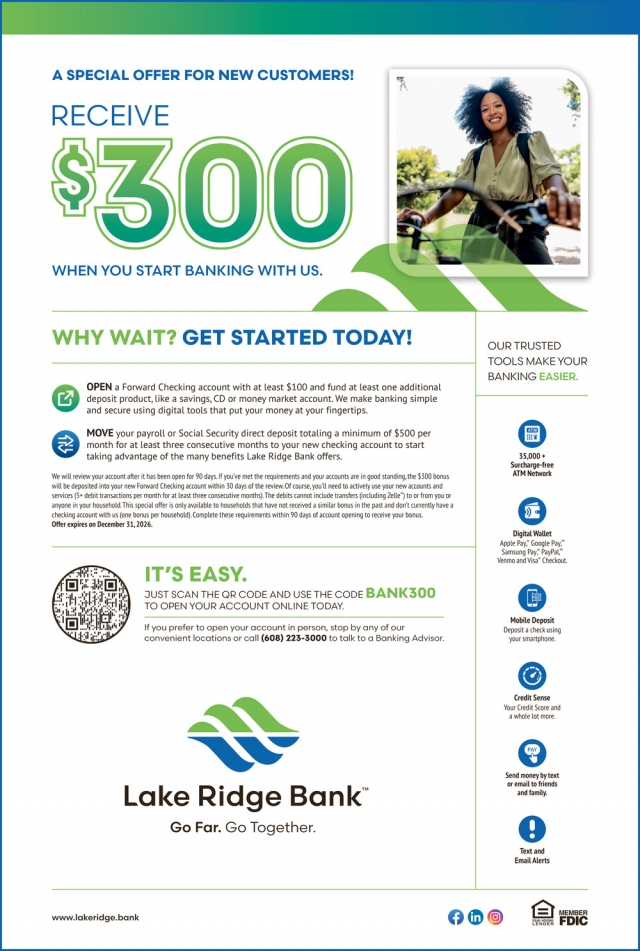 A Special Offer For New Customers!, Lake Ridge Bank, Madison, WI
