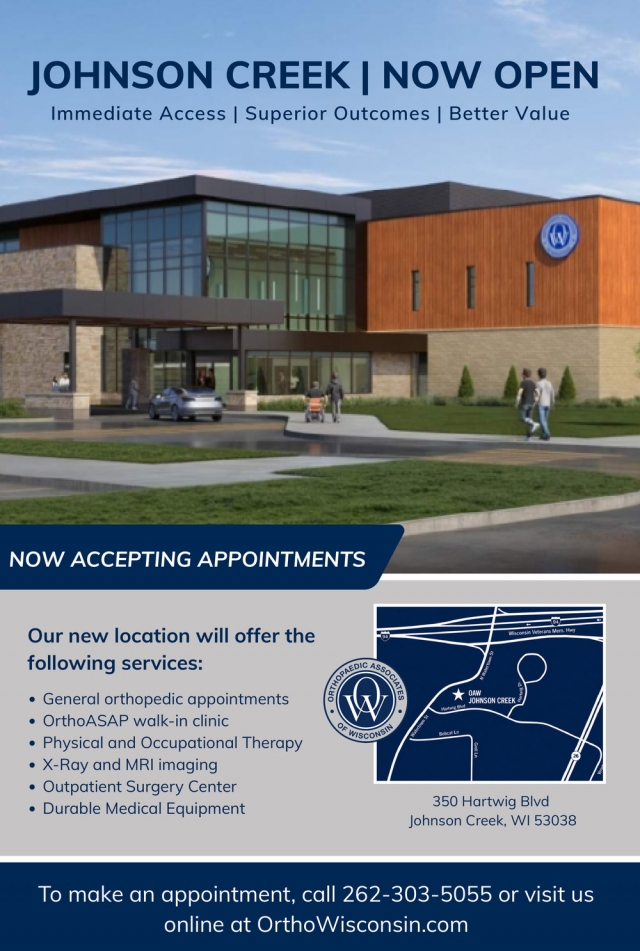 Now Accepting Appointments, Orthopaedic Associates of Wisconsin, Johnson Creek, WI