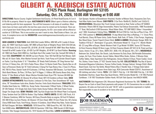 Gilbert A. Kaebisch Estate Auction (October 24, 2026), Bob Hagemann Auction & Realty Service, Burlington, WI