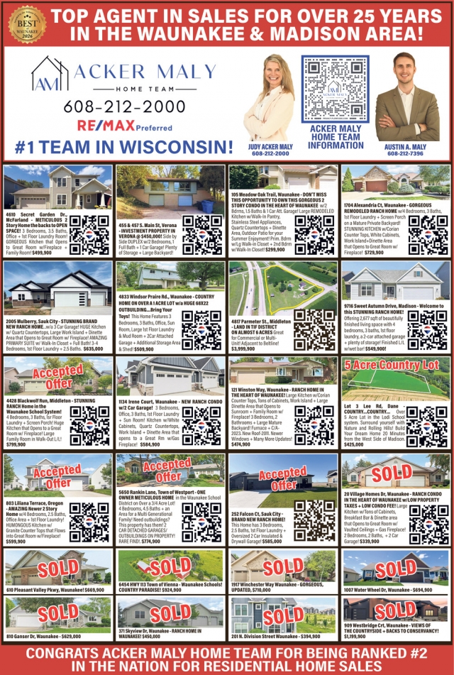 Top Agent In Sales For Over 25 Years In The Waunakee & Madison Area!, Re/Max - Judy Acker Maly, Waunakee, WI