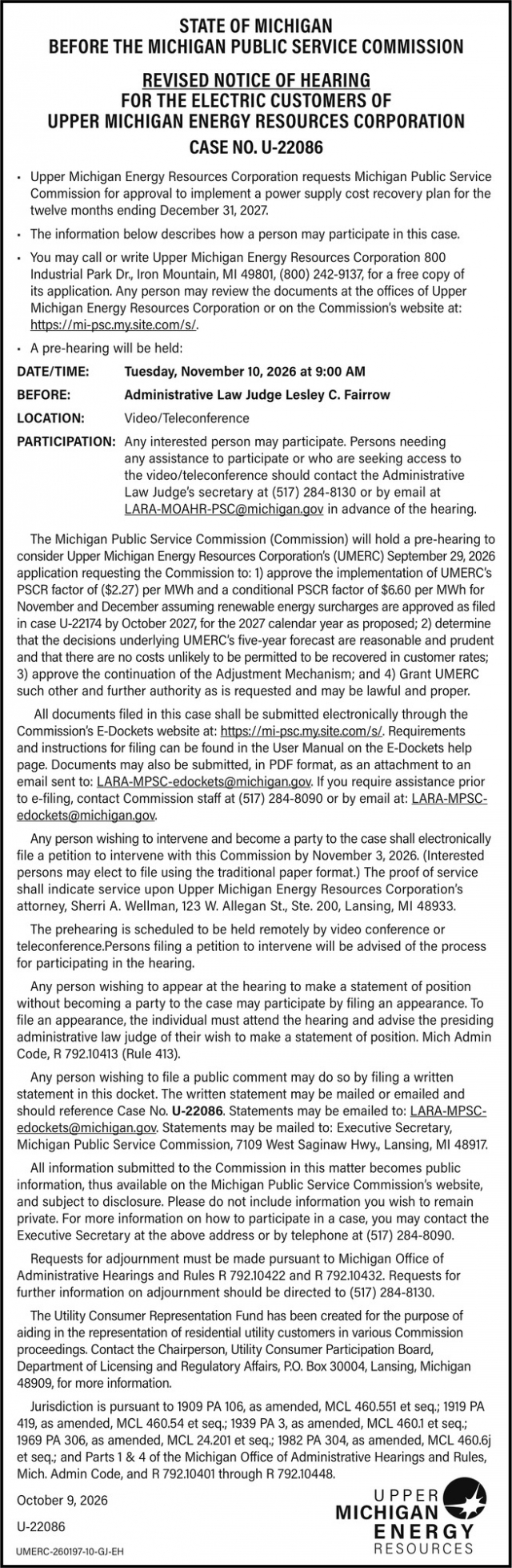 Notice Of Hearing Case No. U-22086, Upper Michigan Energy Resources