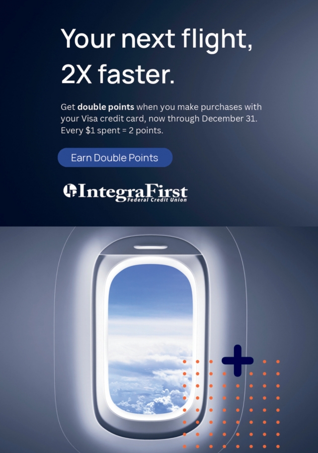 Your next flight, 2X faster., IntegraFirst Federal Credit Union, Powers, MI