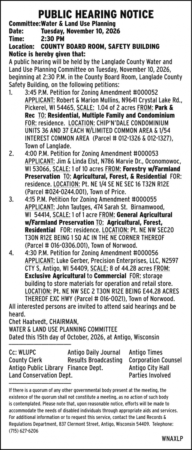 Public Hearing Notice, Langlade County