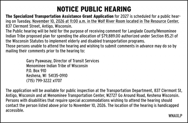 Public Hearing, Langlade County Clerk