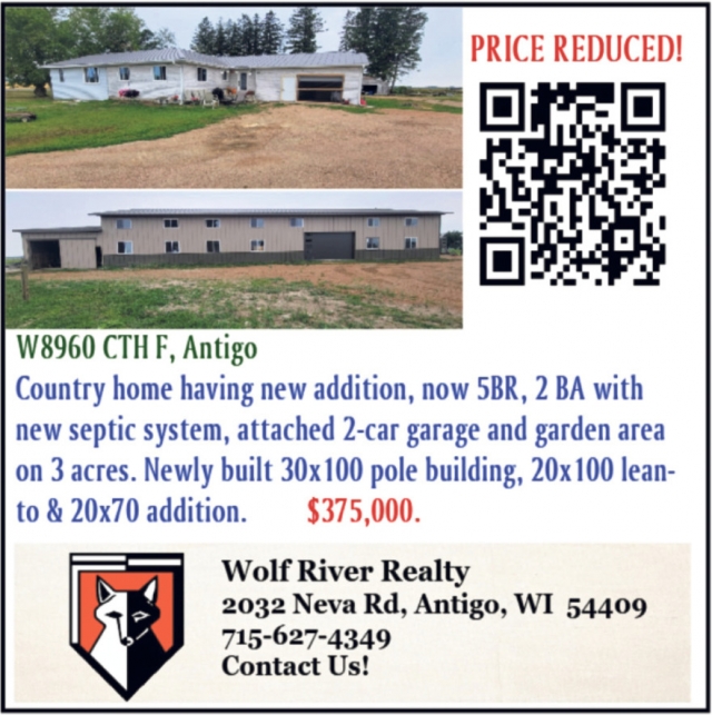 Price Reduced!, Wolf River Realty, Antigo, WI