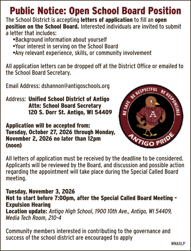 Open School Board Position, Unified School District of Antigo, Antigo, WI